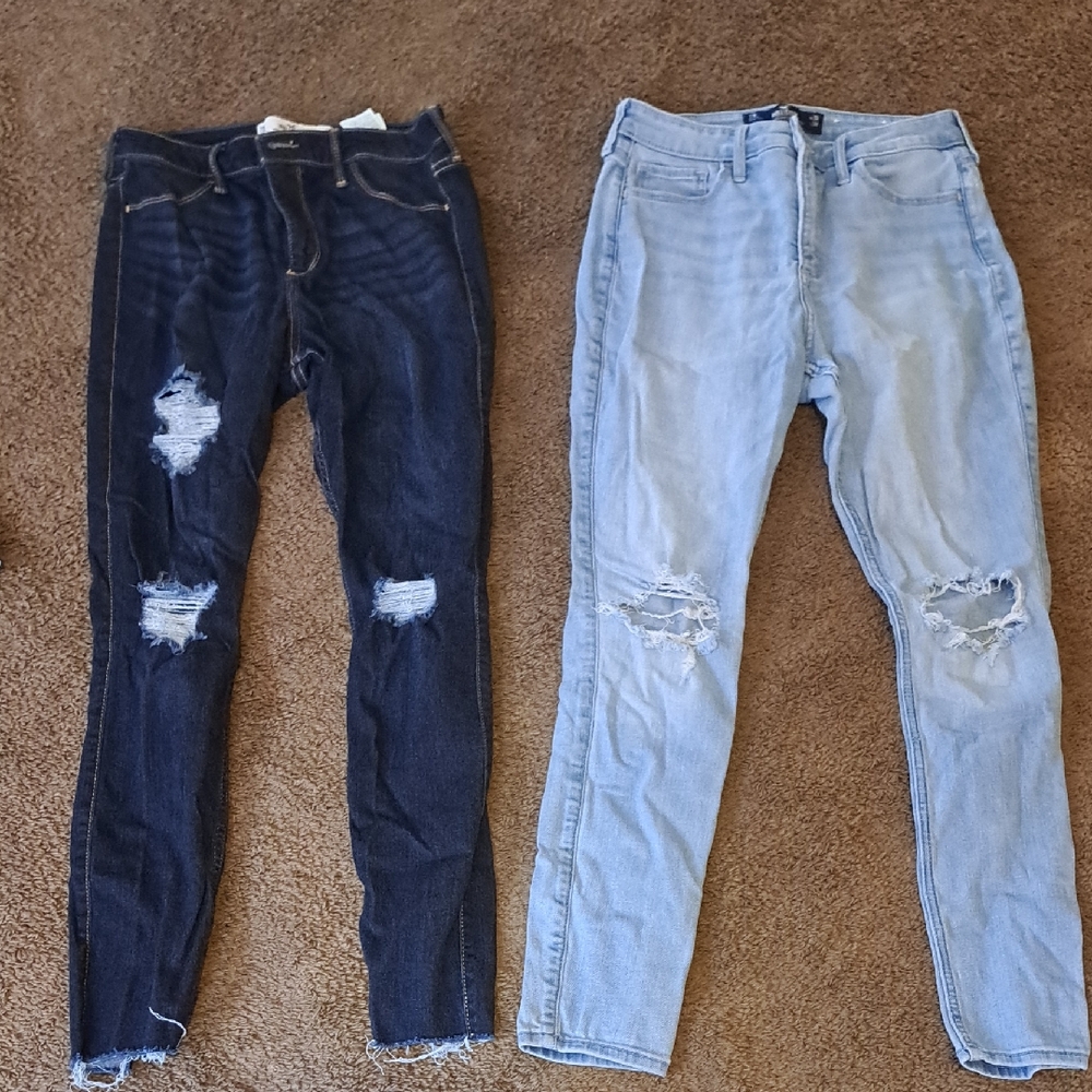 Hollister Dark Blue and Light Blue Ripped Skinny Jeans